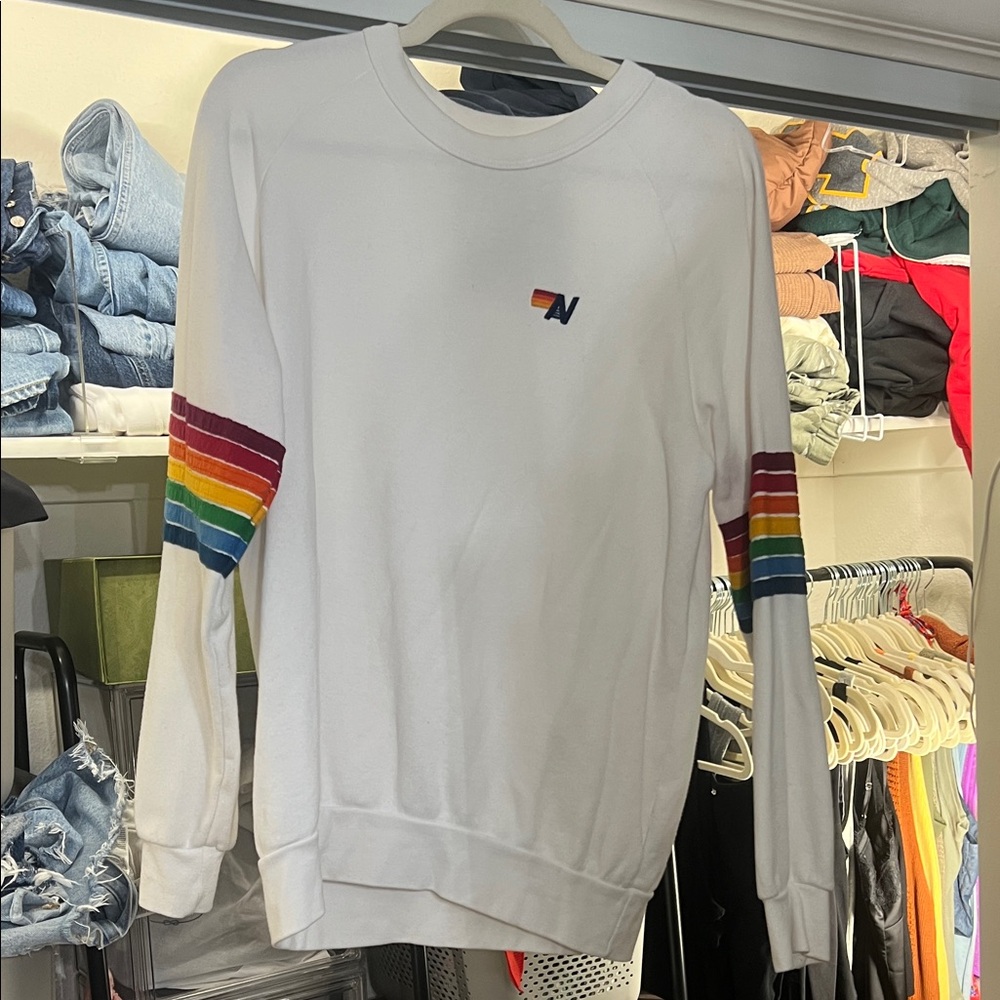 Aviator Nation White Sweater with Rainbow Stripes